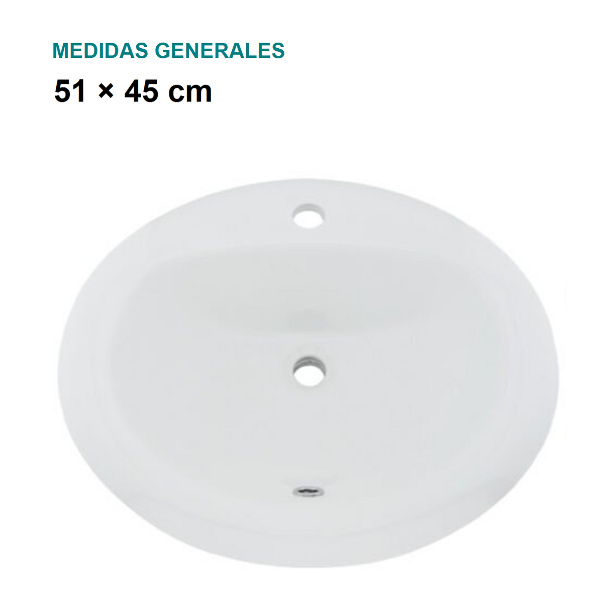 Lavamanos ovalado de empotrar: medidas generales 51 × 45 cm indicadas en catálogo, no plantilla de corte.