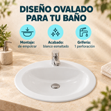 Características del lavamanos: montaje de empotrar, blanco esmaltado y una perforación para grifería. Accesorios de ambientación no incluidos.