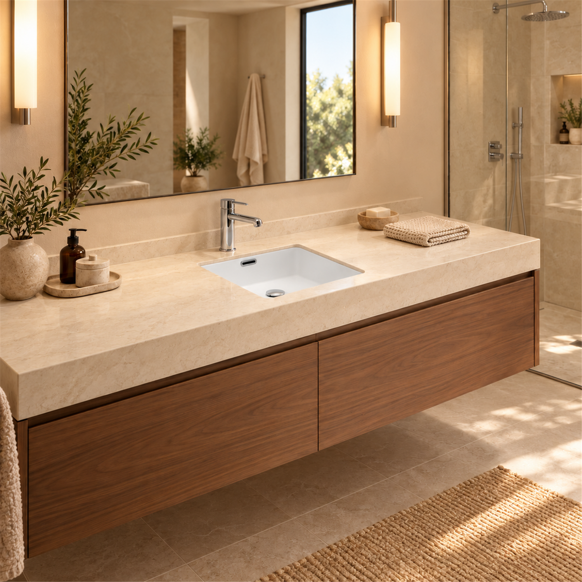 Lavamanos Cubik, Blanco esmaltado, bajo poner: vista amplia del baño. Grifería, desagüe, mueble y decoración no incluidos.