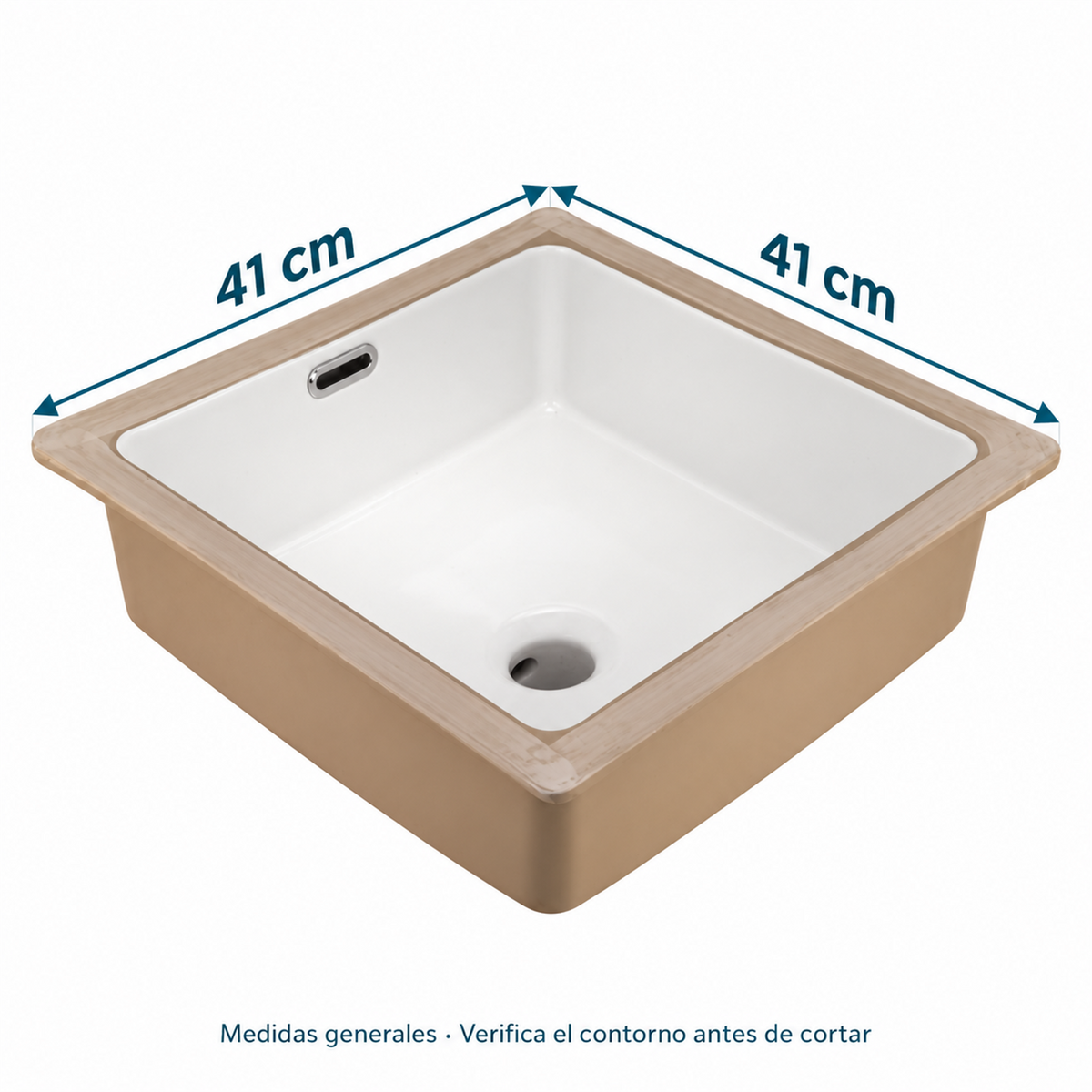Medidas generales exteriores 41 × 41 cm del lavamanos Cubik de bajo poner, señaladas con flechas sobre sus dos ejes; verificar el contorno antes del corte.
