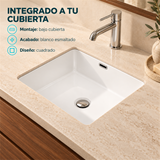 Lavamanos Cubik instalado bajo cubierta: acabado blanco esmaltado y diseño cuadrado. Grifería, desagüe y ambientación no incluidos.