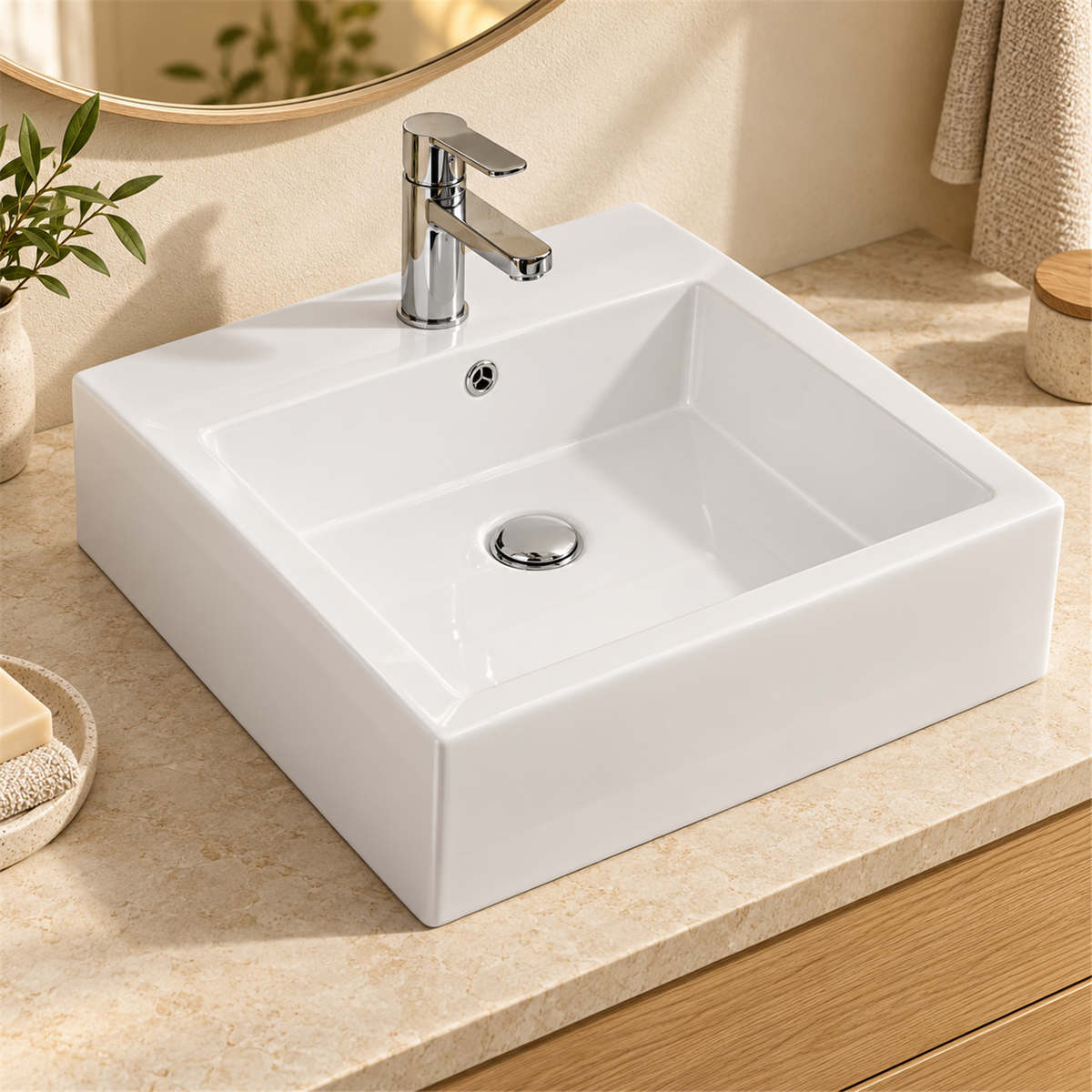 Lavamanos Cubik, Blanco esmaltado, sobreponer: vista cercana instalada. Grifería, desagüe, mueble y decoración no incluidos.