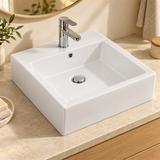Lavamanos Cubik, Blanco esmaltado, sobreponer: vista cercana instalada. Grifería, desagüe, mueble y decoración no incluidos.