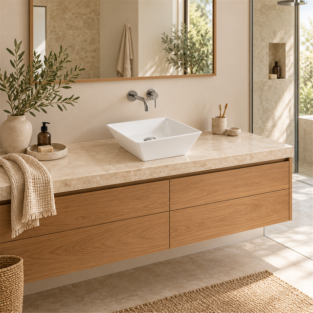 Lavamanos Prisma, Blanco esmaltado, sobreponer: vista amplia del baño. Grifería, desagüe, mueble y decoración no incluidos.
