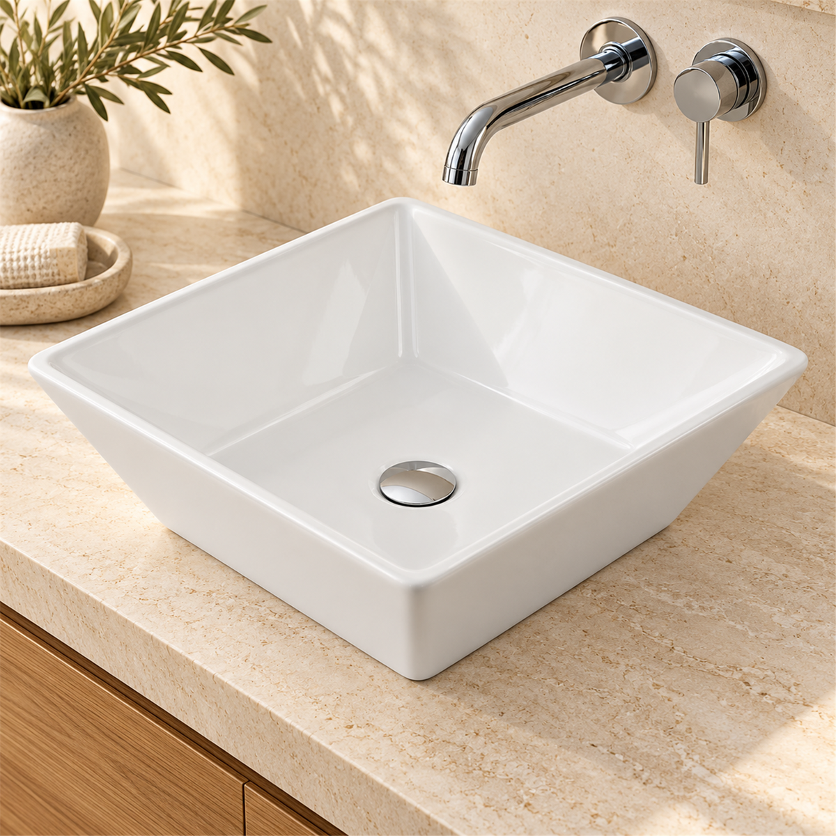 Lavamanos Prisma, Blanco esmaltado, sobreponer: vista cercana instalada. Grifería, desagüe, mueble y decoración no incluidos.