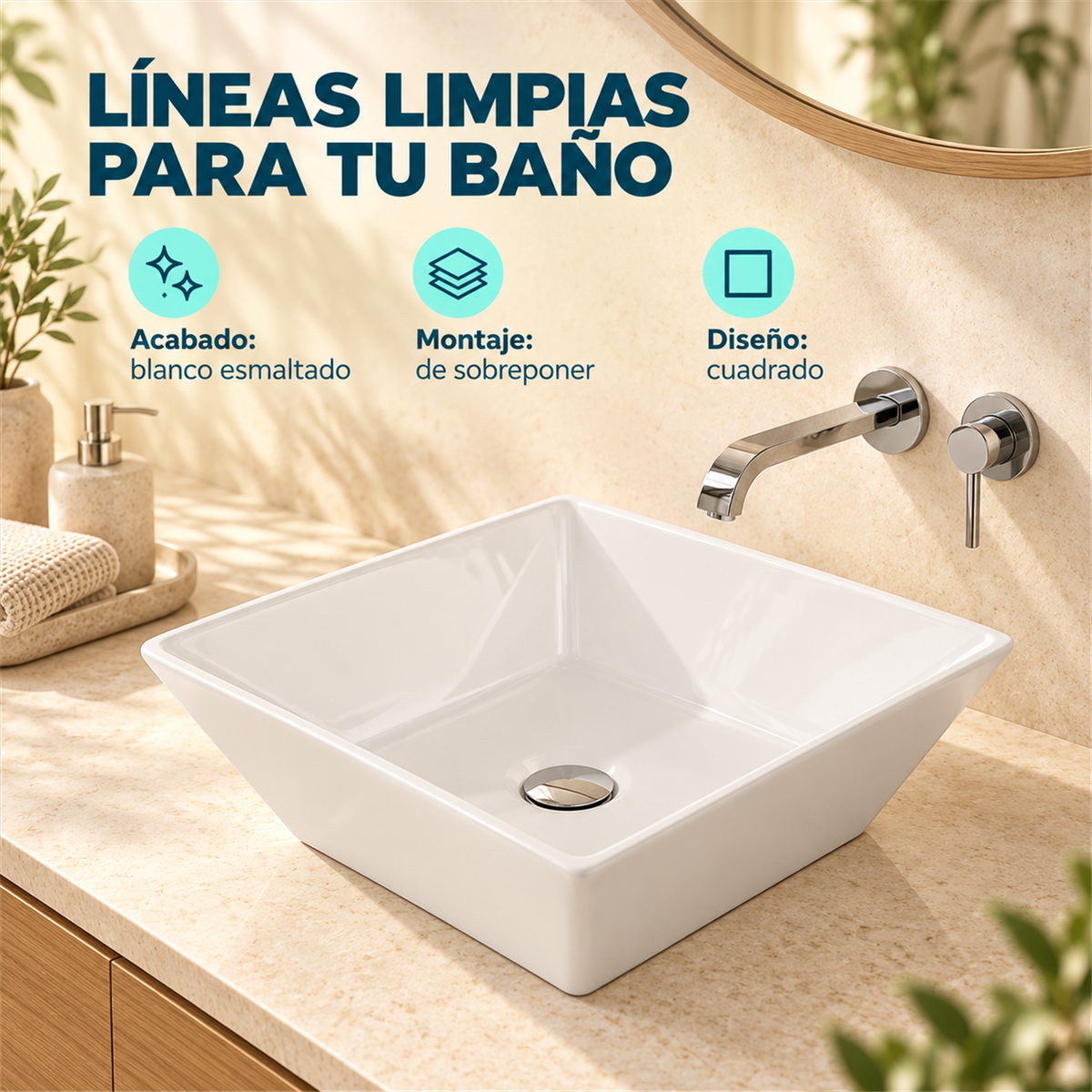 Características del Prisma: Acabado: blanco esmaltado; Montaje: de sobreponer; Diseño: cuadrado. Accesorios de ambientación no incluidos.