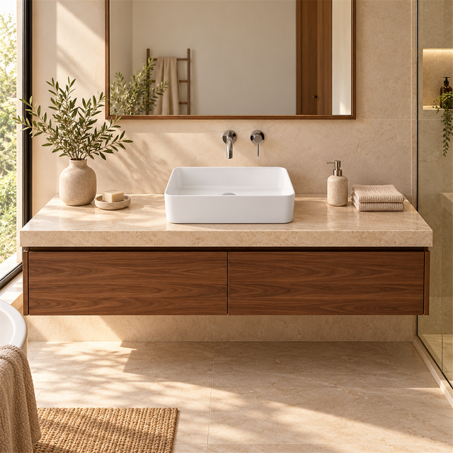 Lavamanos Cubik, Blanco esmaltado, sobreponer: vista amplia del baño. Grifería, desagüe, mueble y decoración no incluidos.