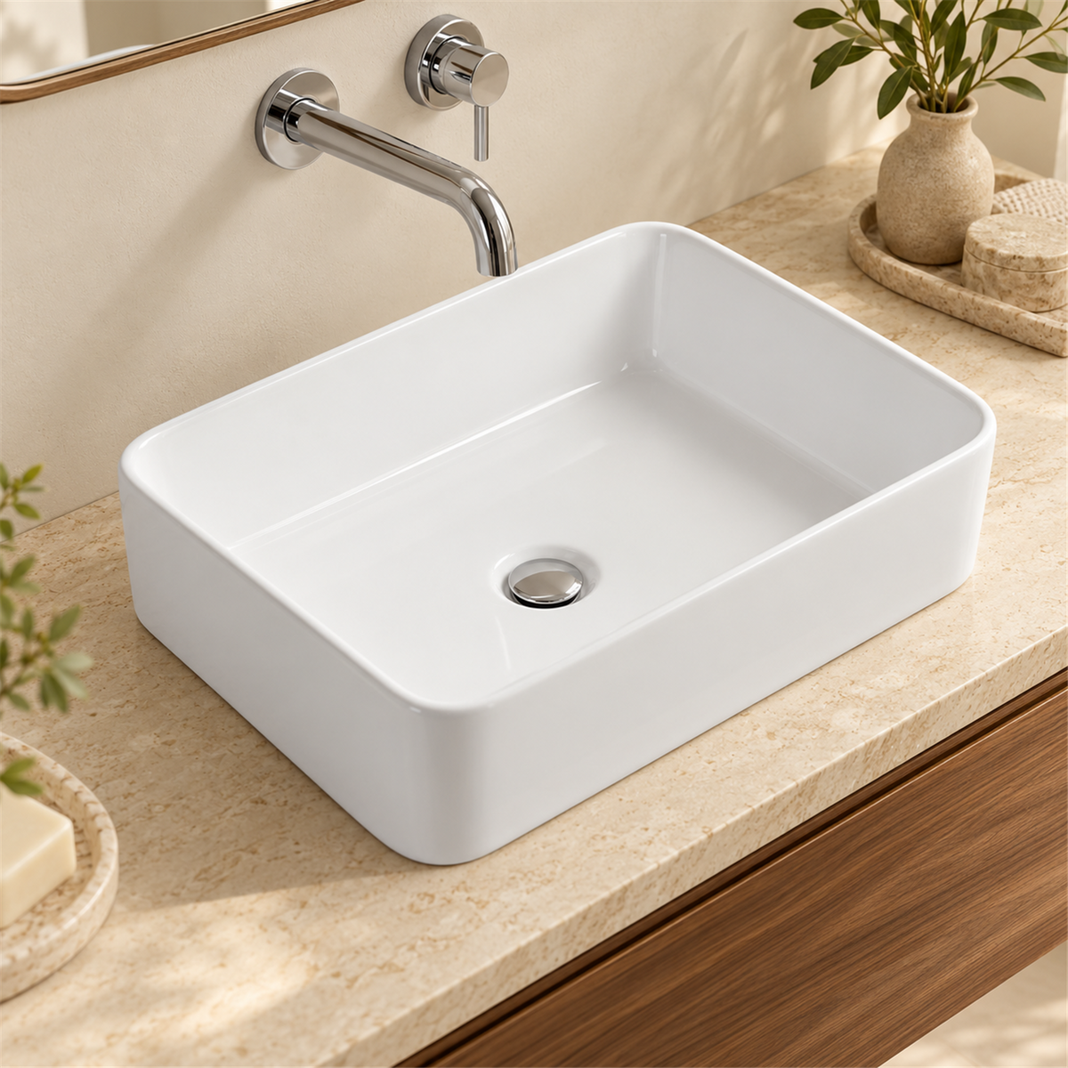Lavamanos Cubik, Blanco esmaltado, sobreponer: vista cercana instalada. Grifería, desagüe, mueble y decoración no incluidos.