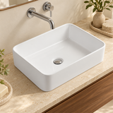 Lavamanos Cubik, Blanco esmaltado, sobreponer: vista cercana instalada. Grifería, desagüe, mueble y decoración no incluidos.