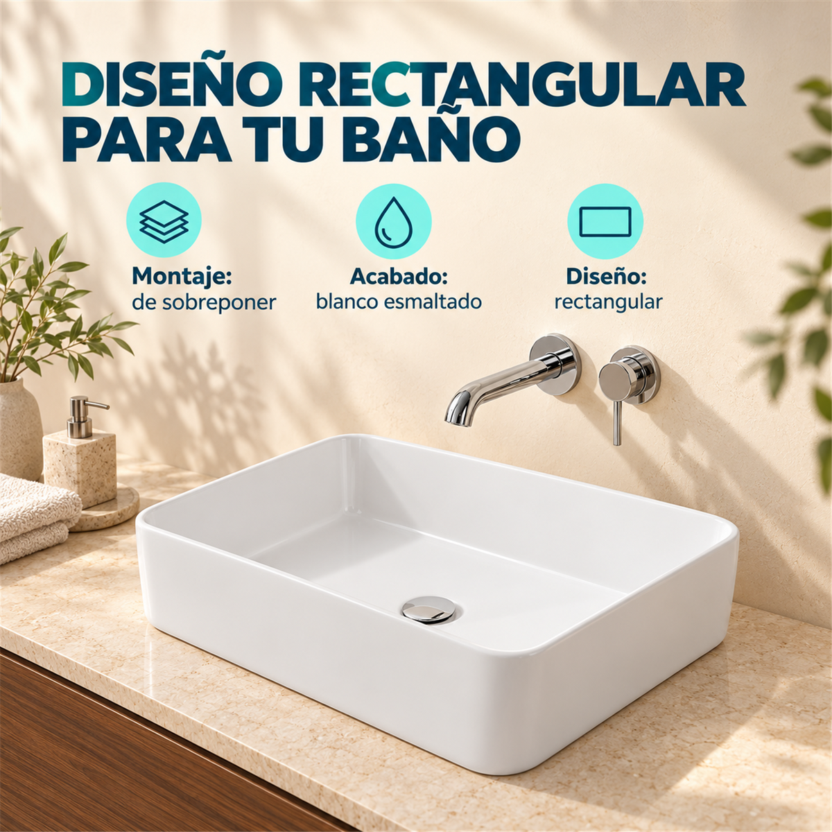 Características del Cubik: Montaje: de sobreponer; Acabado: blanco esmaltado; Diseño: rectangular. Accesorios de ambientación no incluidos.