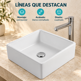 Características del lavamanos 7098: montaje de sobreponer, blanco esmaltado y diseño verificado. Accesorios no incluidos.