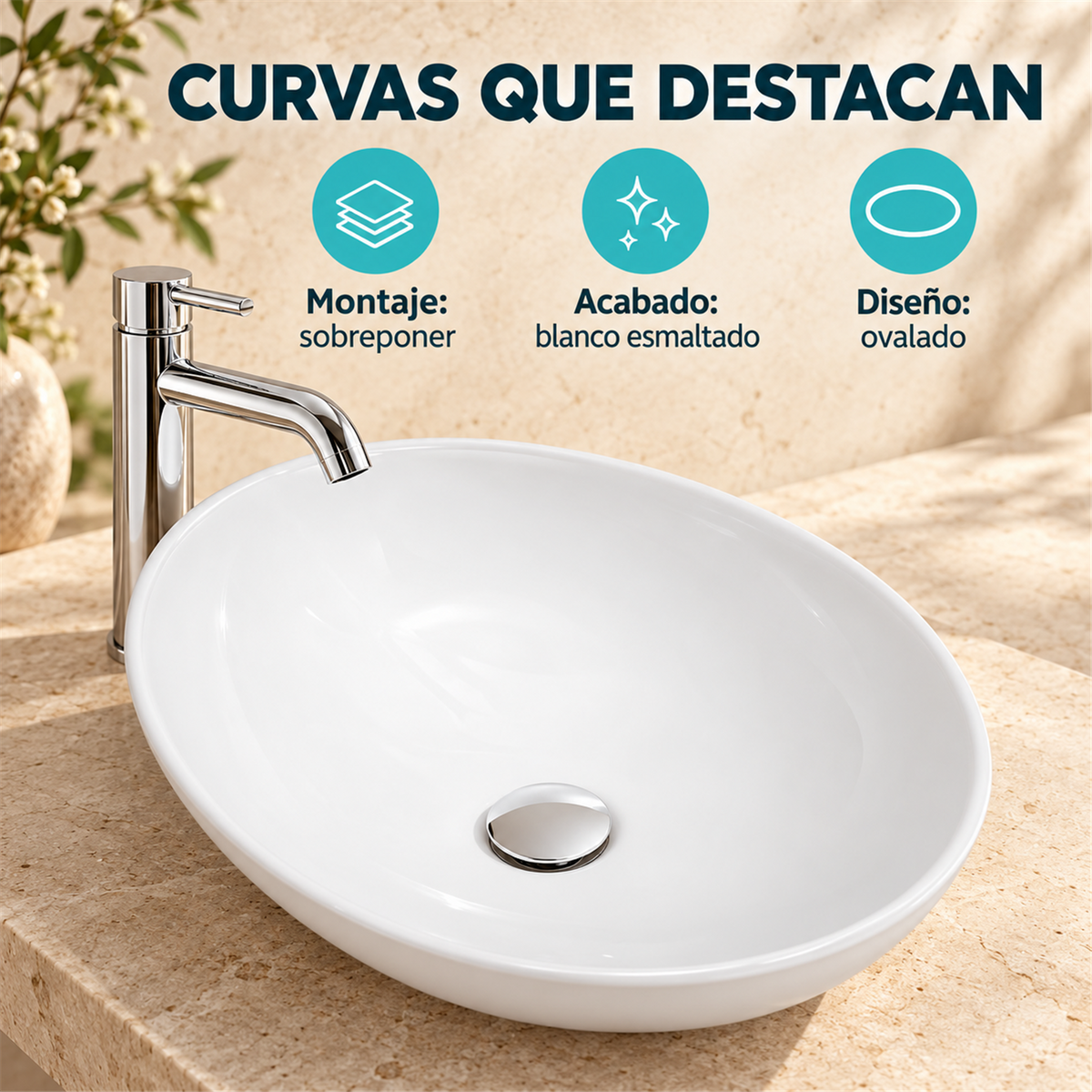 Características del lavamanos 7138: montaje de sobreponer, blanco esmaltado y diseño verificado. Accesorios no incluidos.