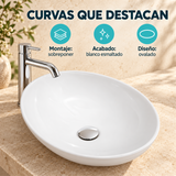 Características del lavamanos 7138: montaje de sobreponer, blanco esmaltado y diseño verificado. Accesorios no incluidos.