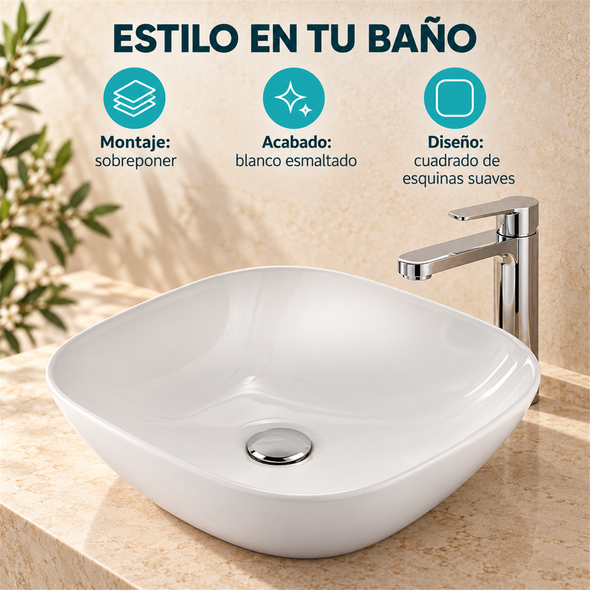 Características del lavamanos 78159: montaje de sobreponer, blanco esmaltado y diseño verificado. Accesorios no incluidos.