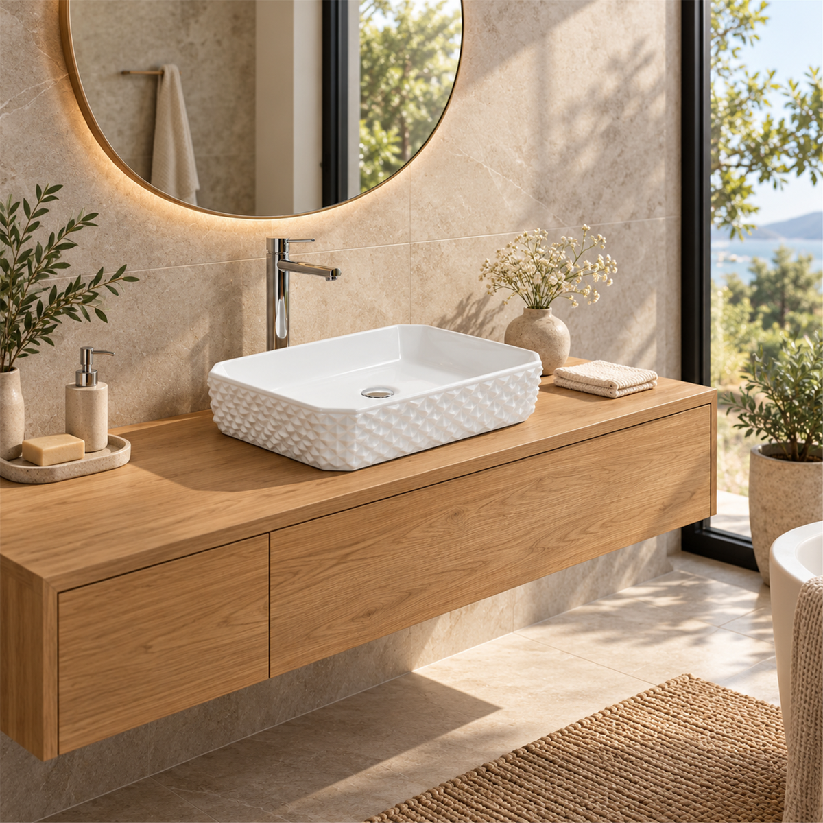 Lavamanos Stella blanco instalado: vista amplia del baño. Grifería, desagüe, cubierta, mueble y decoración no incluidos.