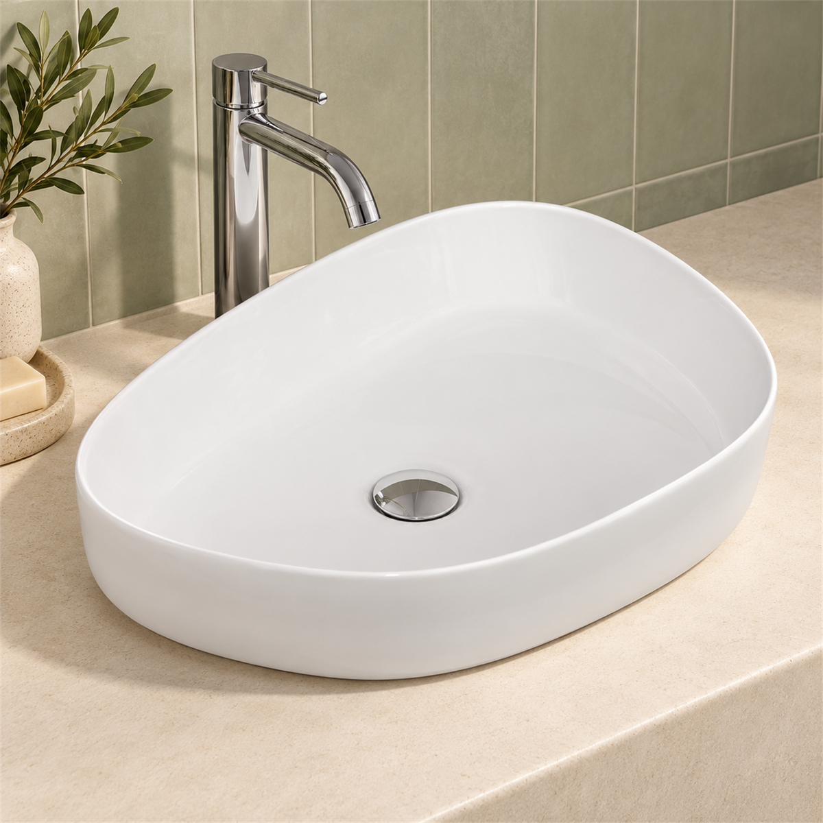 Lavamanos Triangle Blanco Esmaltado 55 × 42 cm: ambientación cercana. Grifería, desagüe y mueble no incluidos.