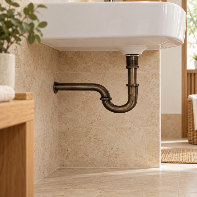 Sifón En P Metálico Bronce Antiguo - ambientación de baño
