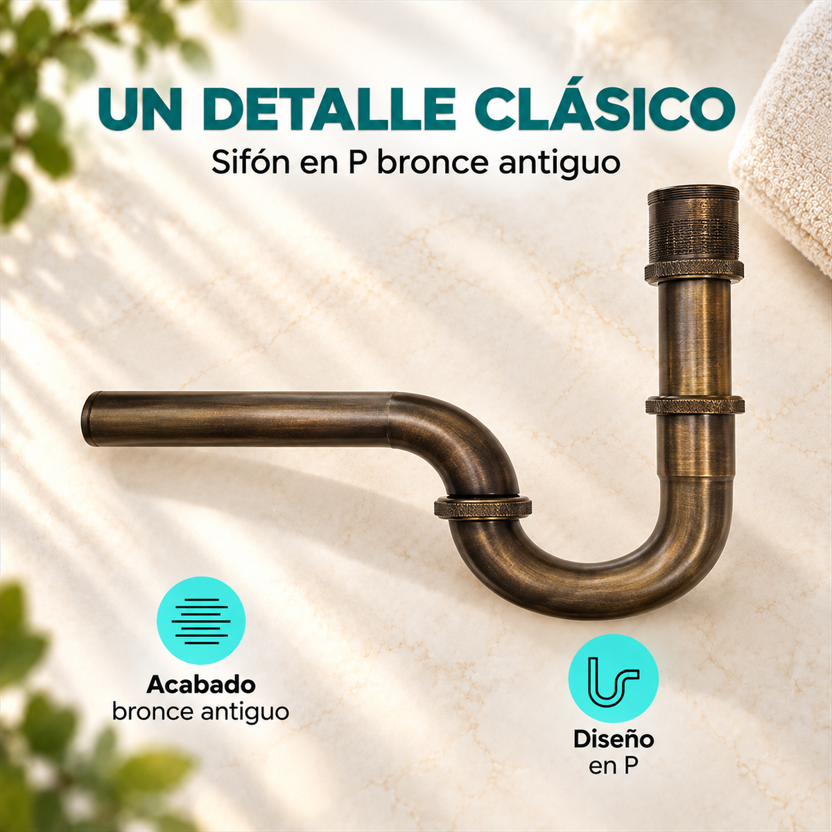 Sifón En P Metálico Bronce Antiguo - características