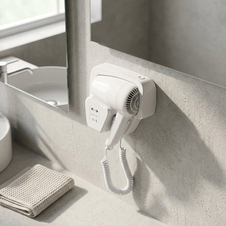 Artistic overhead view of flush-mounted hotel hairdryer on textured ceiling, showcasing seamless integration and subtle surface textures.