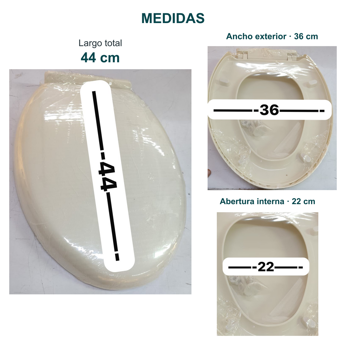 Fotos reales de tapa asiento beige: largo total 44 cm, ancho exterior 36 cm y ancho de la abertura interna 22 cm.