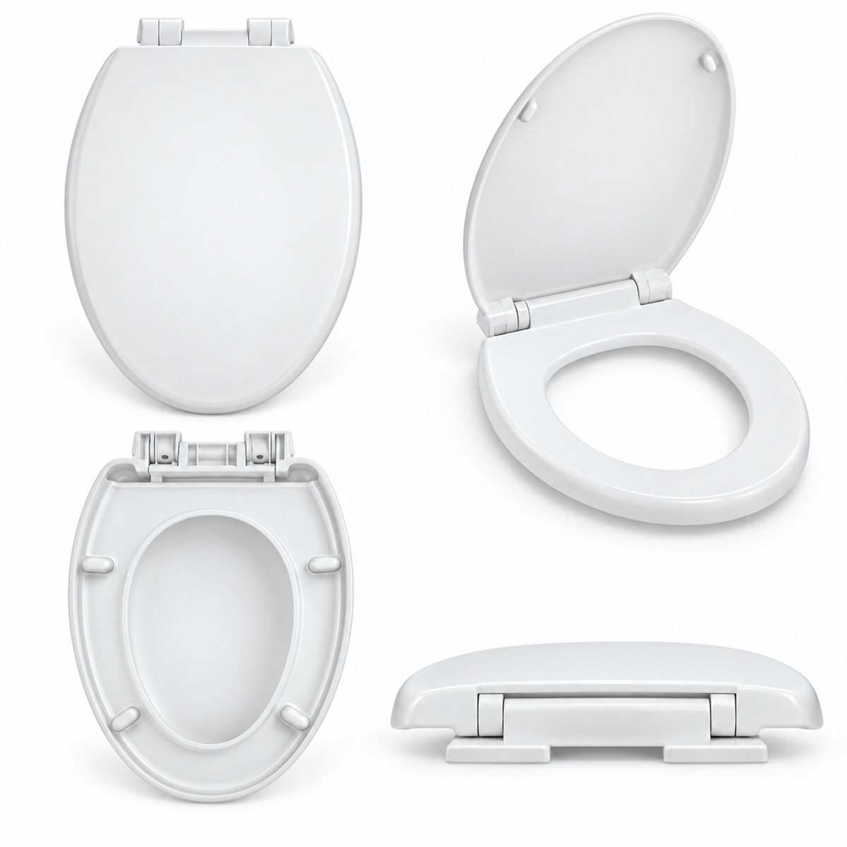 Tapa asiento blanca de cierre lento vista cerrada, abierta, inferior y de perfil