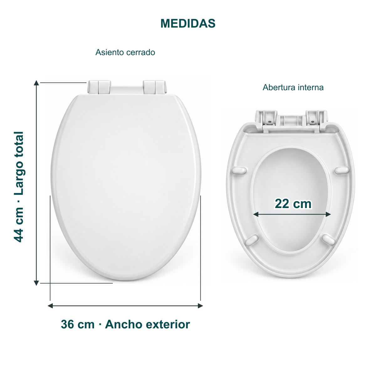 Tapa asiento blanca: largo total 44 cm, ancho exterior 36 cm y ancho de abertura interna 22 cm