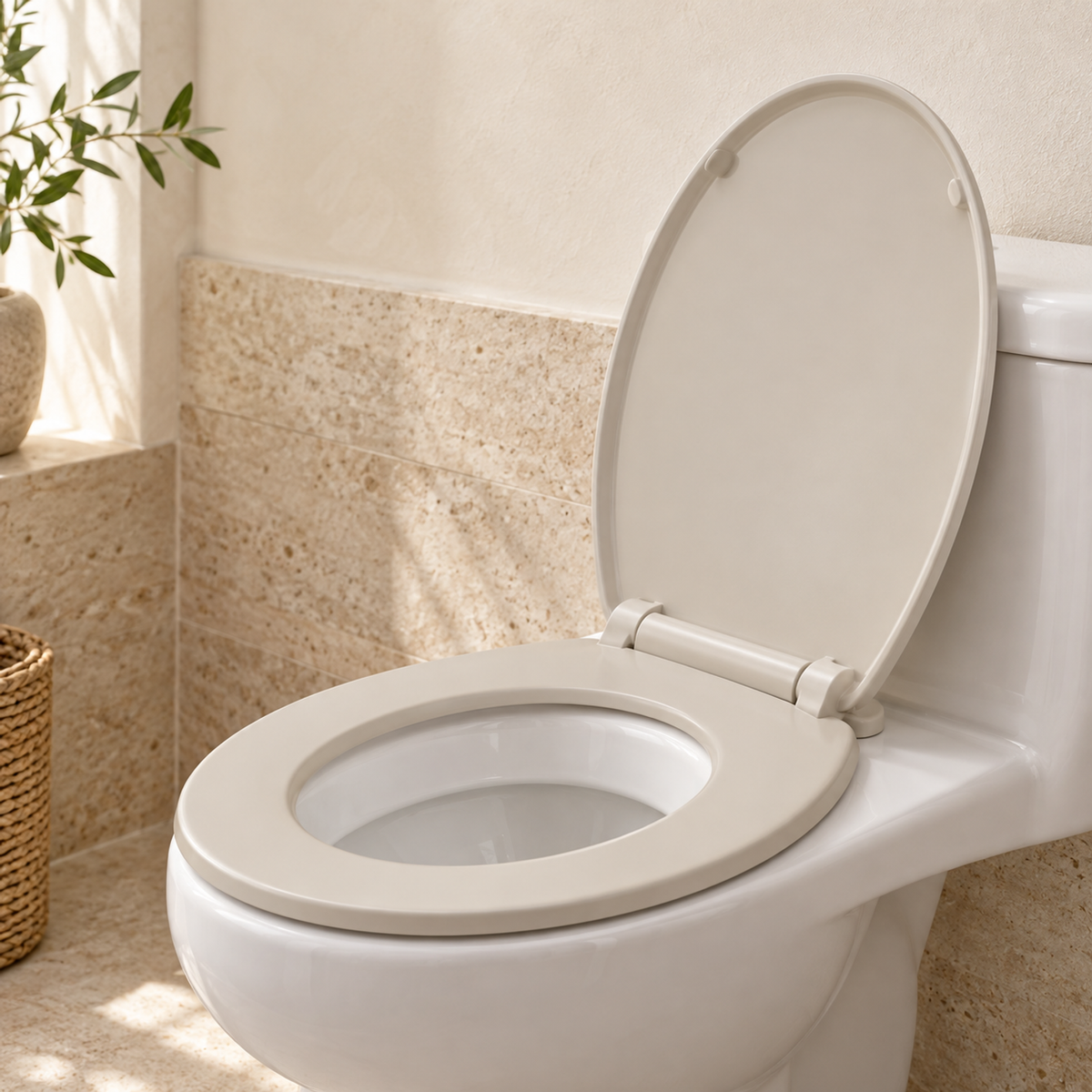 Tapa Asiento Redonda Beige con Cierre Lento: segunda vista de instalación y acabado