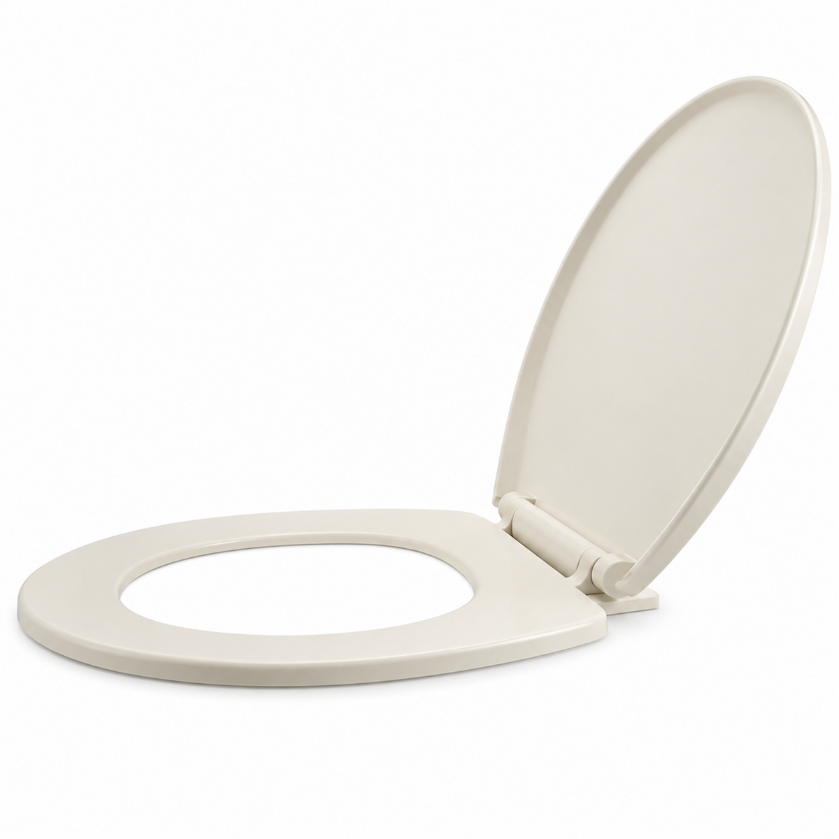 Tapa asiento redonda beige de cierre lento abierta sobre fondo blanco