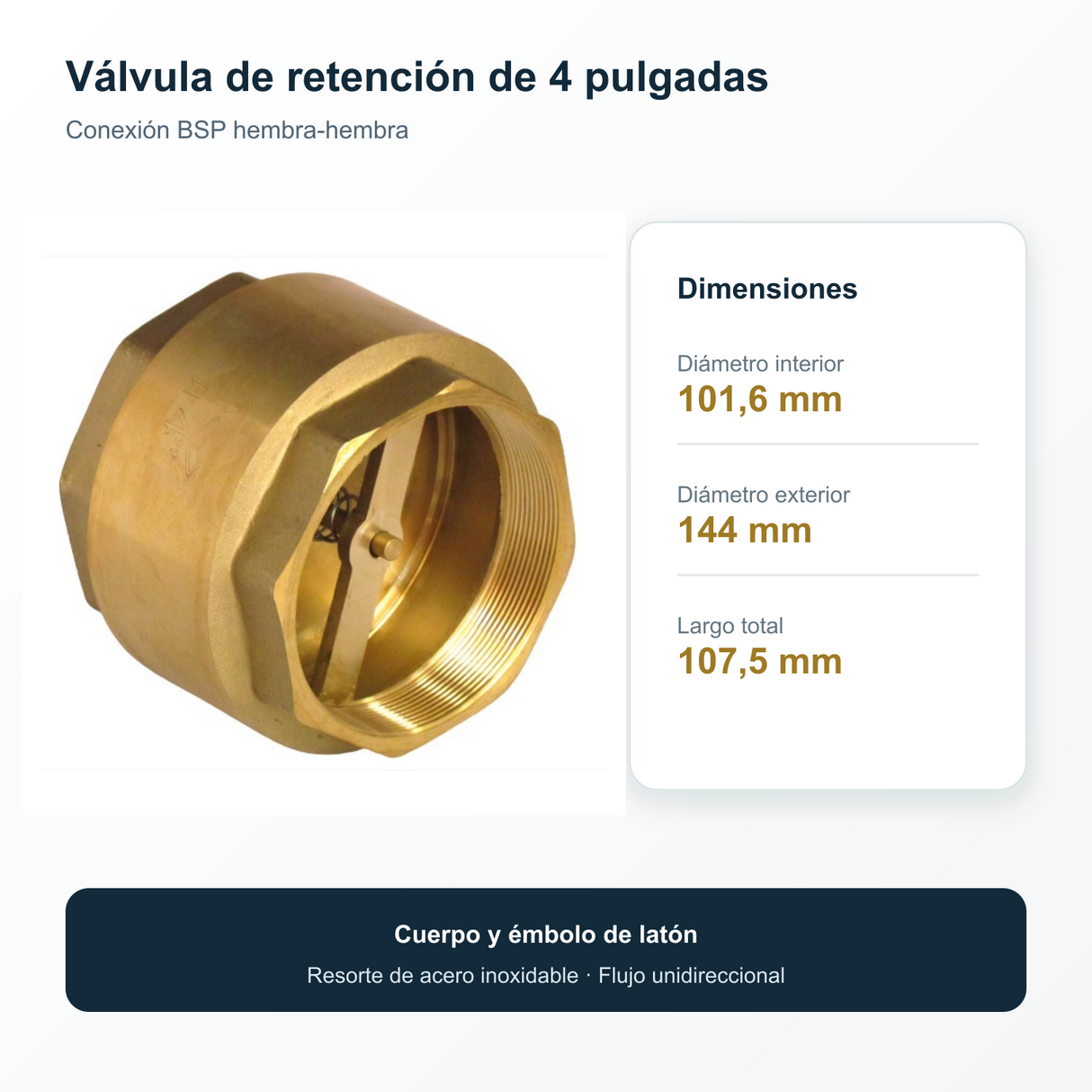 Medidas de válvula de retención vertical de 4 pulgadas en latón