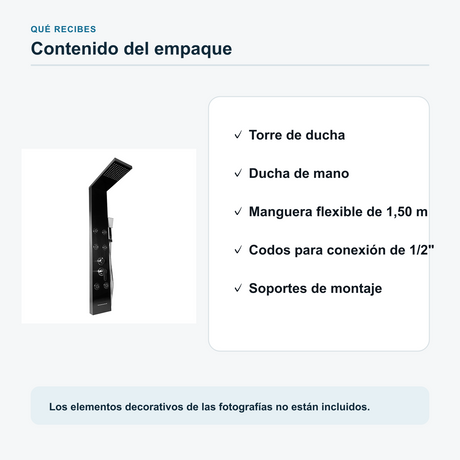 Torre de Ducha Negra de 4 Funciones en Acero Inoxidable 304