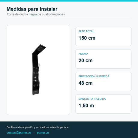 Torre de Ducha Negra de 4 Funciones en Acero Inoxidable 304