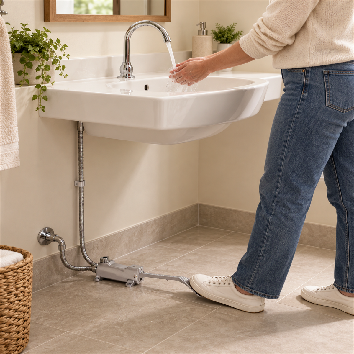 Kit de válvula de pedal instalado con lavamanos a altura de adulto y pedal accesible en el piso