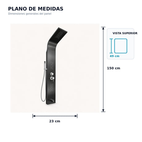 Plano de medidas de la torre de ducha: alto 150 cm, ancho 23 cm y proyección 49 cm