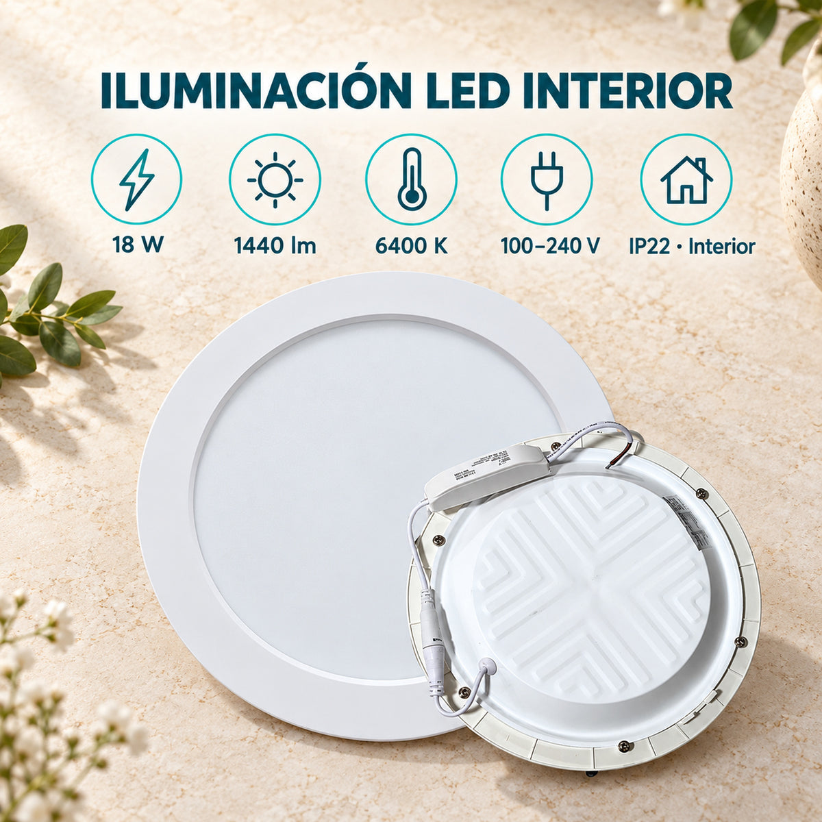 Panel LED Redondo Backlight 18 W De Empotrar De 22 cm — características del producto