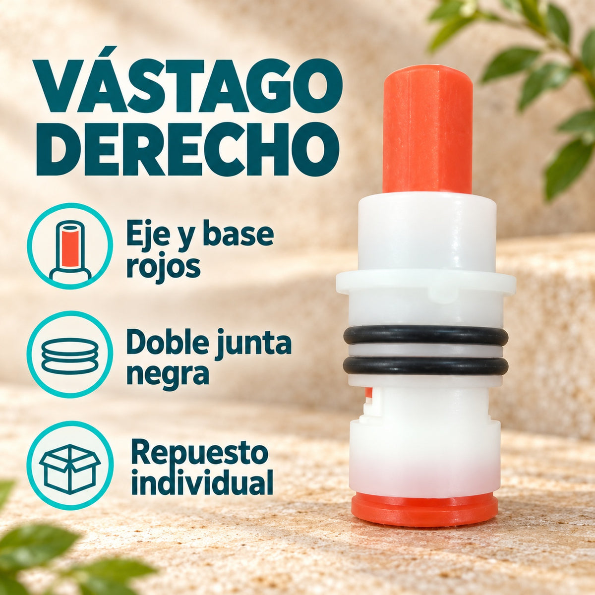 Vástago Derecho Para Grifería Con Eje Rojo Y Doble Junta — características