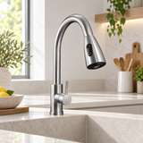 Mezclador monomando de cocina extraíble en acero inoxidable satinado, ambientado en cocina moderna