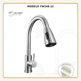 Mezclador monomando de cocina extraíble en acero inoxidable satinado, vista ampliada del modelo YW348-12
