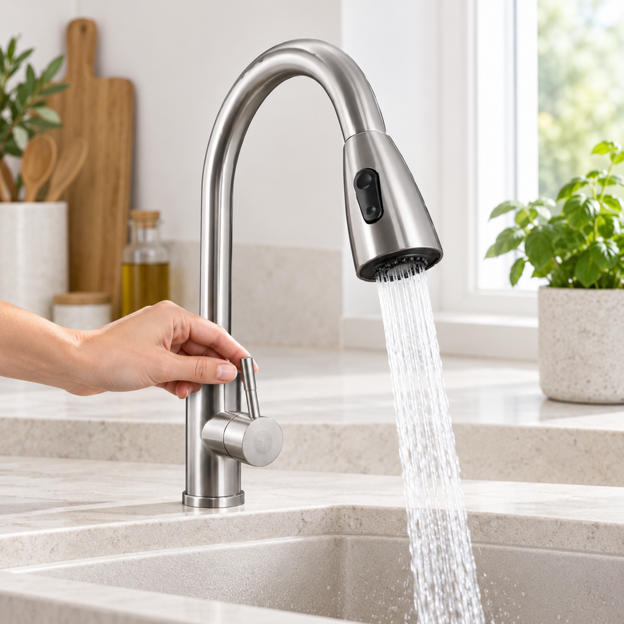 Mezclador monomando de cocina extraíble en acero inoxidable satinado, uso con agua