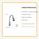 Mezclador monomando de cocina extraíble en acero inoxidable satinado, características principales
