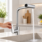 Mezclador monomando de cocina en acero inoxidable cromado de 2 chorros, uso con agua