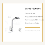 Mezclador monomando de cocina en acero inoxidable cromado de 2 chorros, medidas y datos técnicos