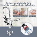 Single Hole 27" Height Commercial Kitchen Faucet Deck Mount with Pre-Rinse Sprayer, Commercial Sink Faucet with 10" Add-on Swing Spout Faucet & Spring Pull Down Sprayer for Restaurant Hotel