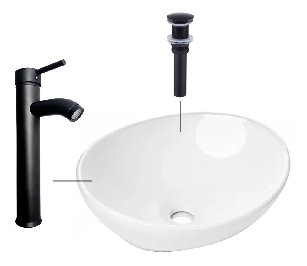 Combo Lavamanos Blanco + Griferia Mezclador Negra + Push (7602904563878)